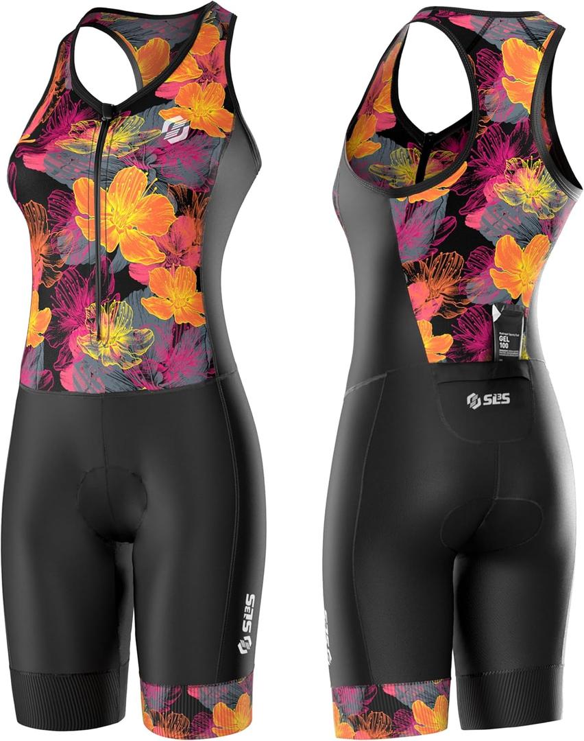 Triathlon Suits Women - One Piece Tri Suit Women - Pro Womens Triathlon Suit - Premium Trisuit, No Shelf Bra (X-Small, Black/Sunrise Blooms)