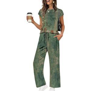 Ekouaer Two Piece Sets for Women Summer Soft Casual Cap Sleeve Lounge Sets Travel Vacation Airport Outfits (Green, XL)
