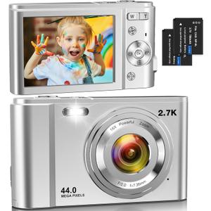 Digital Camera for Kids, FHD 44MP Point and Shoot Digital Cameras with 2 Batteries, 16X Zoom, Anti-Shake, Flash Light, Compact Small Portable Cameras for Kids Teens Boy Girl, Silver
