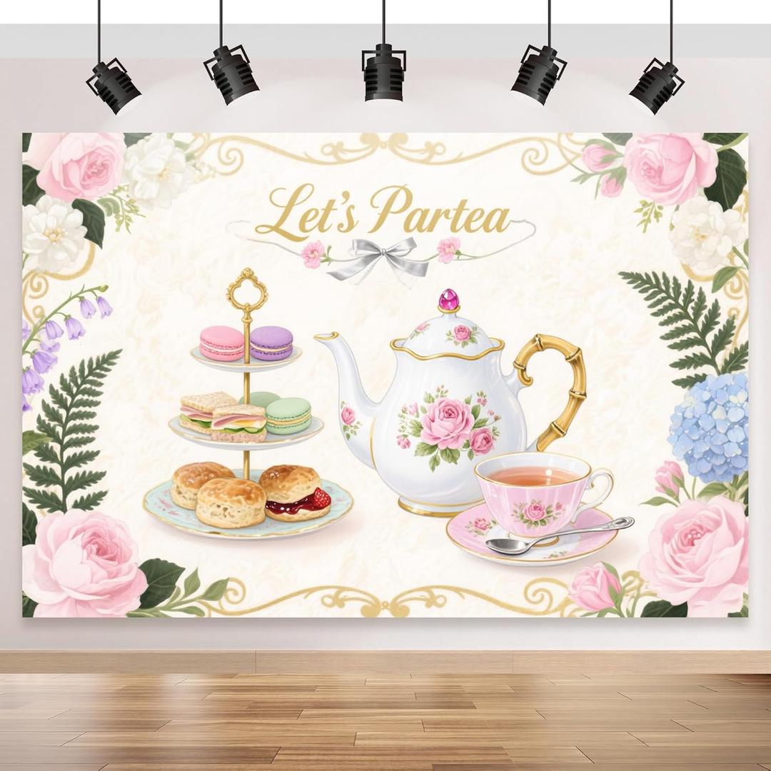 Tea Party Backdrop 7x5FT, Tea Party Decorations for Women, Let's Partea Pink Floral Teapot Teacup Photography Background, Sweet Girl Garden Afternoon Birthday Party Supplies