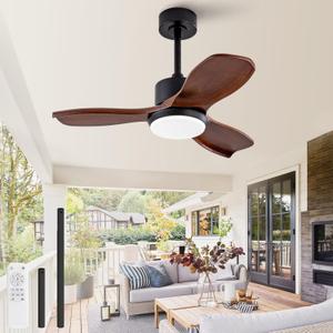 KBZZ 36 Inch Ceiling Fans with Lights and Remote, Solid Wood Blades, Dimmable, Reversible DC Motor, Memory Function, Modern Indoor Outdoor Ceiling Fan with Light for Patio Bedroom (Black Walnut)