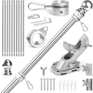 Anovo Flag Pole Kit- Stainless Steel 6 FT Flag Poles with1 Inch Metal 360 Rotating Flag Pole Rings Clip, Two-Position Flag Pole Holder Brackets Mounting for Outside House Outdoor Porch (6 FT-Sliver)