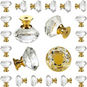 DEELF 24 Packs Crystal Cabinet Knobs Drawer Pulls and Knobs Kitchen Cabinet Knobs Diamond Dresser Knobs Crystal Knobs for Drawers - 40 mm Clear Glass Cabinet Knobs with Gold Base