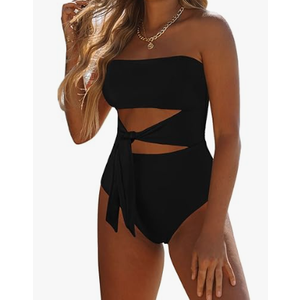 Viottiset Women's Bandeau One Piece Swimsuit Strapless Tie High Cut Out Bathing Suit (X-Large, Dark Green)