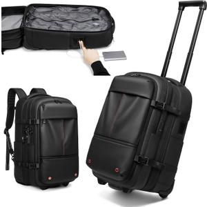 Vacuum Rolling Backpack with Integrated Pump, 60L Vacuum Backpack for Travel with Wheels, TSA Lock and Charging Port, Vacuum Compression Expandable Backpack for 17.3'' Laptop, Business & Long Trips (Black)