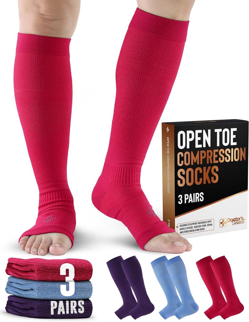 Doctor's Select 3 Pairs Copper Toeless Compression Socks Women & Men - 20-30 mmHg Open Toe, Knee High Footless Compression Socks Women, Pink, Purple, Blue (Large-X-Large)