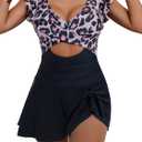 One Piece Swimdress Swimsuit for Women Tummy Control Ruffle Swim Dress Skirt V Neck Cutout Wrap Bathing Suit (Small, Leopard)