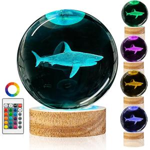 3D Shark Crystal Ball Night Light with Remote Lifelike 3.15 In Shark Sea Animal Glass Ball Lamps with 16 Color LED Wooden Base for Birthday Holiday, Cool Shark Toy Room Decor Gifts for Boys Girls Kids