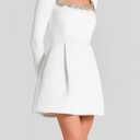 Women's Elegant Velvet Dress Long Sleeve Square Neck Pearl A Line Flowy Bridesmaid Cocktail Party Midi Dresses (Medium, White)