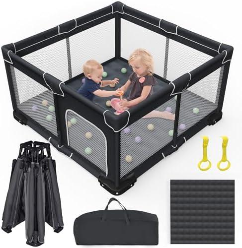 Grobeybees Foldable Baby Playpen with Mat, Foldable Playpen for Babies and Toddlers, Folding Portable Kids Play Pen, Collapsible Play Yard with 2 Handles + Suitable Size Mat(Black, 50x50 inches)