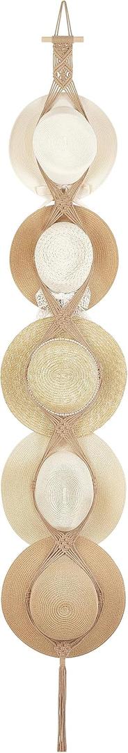 Dahey Macrame Hat Hangers Hat Rack for Wall Cowboy Hat Organizer Hanging Display Hand Weaving Bobo Hat Holder Western Decor for Wide Brim Hats Bowler Fedora Hats, 5 Hat Style Brown