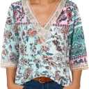 IRISGOD Womens 3/4 Length Sleeve V Neck Tops Dressy Casual Chiffon Blouse Summer Floral Bohemian 2025 Tredny Shirts (L)