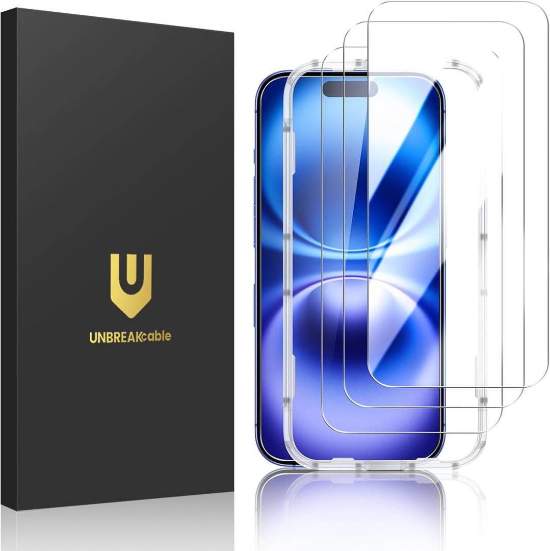 UNBREAKcable 3-Pack Screen Protector for iPhone 16, Double Shatterproof Tempered Glass [Easy Installation Frame] [9H Hardness] [99.99% HD Clear] [Case Friendly] for iPhone 6.1 inch