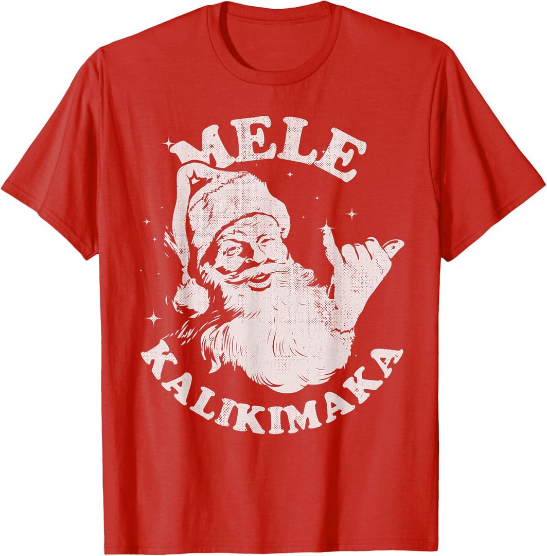 Retro Christmas Surf, Mele Kalikimaka Santa Shaka Hawaii T-Shirt, Red, L