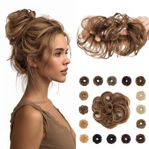 Rich Choices Human Hair Messy Bun Hair Piece, 100% Remy Human Hairs Bun HairPiece for Women,Chignon Fluffy Donut Updo,Hairpiece with Elastic Rubber Band Wavy #4P27 Medium Brown Mix Dark Blonde
