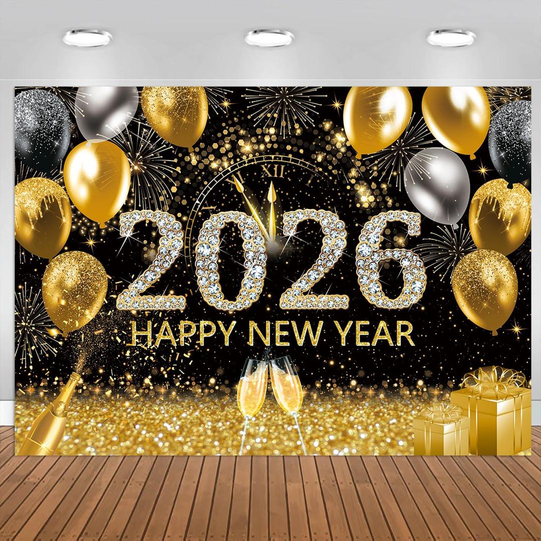 8x6ft Happy New Year Backdrop 2026 Black and Gold Fabric Background New Year's Eve Wall Champagne Fireworks for Celebrate Decor Banner New Year's Holiday Party Decorations