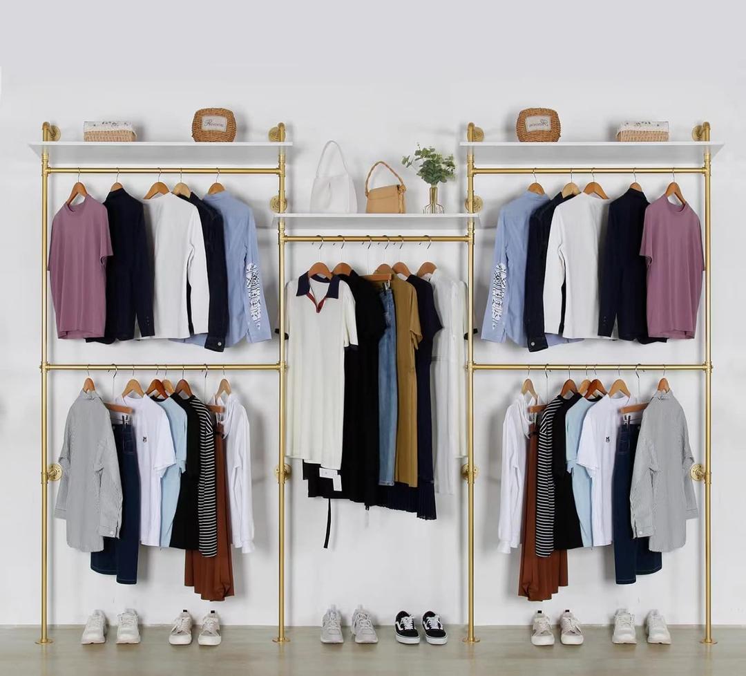 Industrial Pipe Clothing Rack Wall Mounted 5 Hanging Rods Garment Bar with Storage Shelf, Heavy Duty Metal Clothes Racks Closet System for Hanging Clothes Retail Display (Gold)