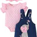 Baby Girl Clothes Suspender Skirt Newborn Ruffled Romper + Elephant Jeans Dress + Headband Summer Outfits9-12 Months