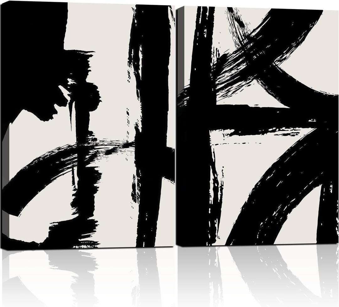 2Pcs Framed Abstract Black and White Canvas Wall Art Minimalist Brushstroke Line Prints Modern Home Gallery Style Painting Posters Picture Bedroom Living Room Office 12x16 Inch Ready to Hang