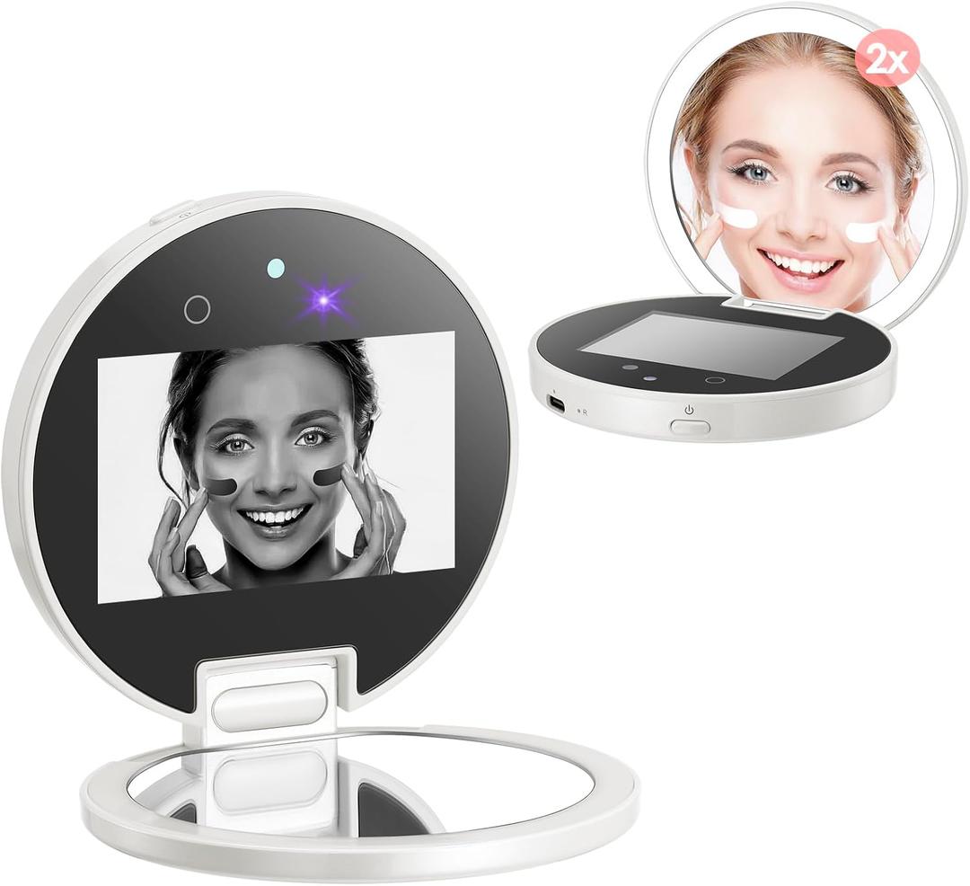 Vanexiss UV Camera for Sunscreen Test UV Mirror Sunscreen Camera, 3.8 Inch Rechargeable 2X Magnifying Vanity Mirror with Light Handheld Double-Sided Pocket Mirror for Skin Protection(White)
