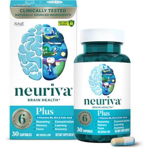 NEURIVA Plus Brain Supplement for Memory and Focus Clinically Tested Nootropics for Concentration for Mental Clarity, Cognitive Enhancement Vitamins B6, B12, Phosphatidylserine 30 Capsules, 

bbd: 07/2026