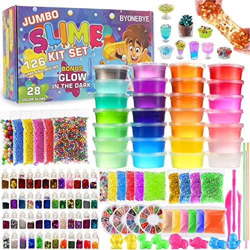 124 Pcs DIY Slime Making Kit for Girls Boys - Birthday Idea for Kids Age 5+. Ultimate Supplies Include 28 Crystal Slime, 2 Glow in The Dark Powder, 48 Bottle Glitter Jar etc.