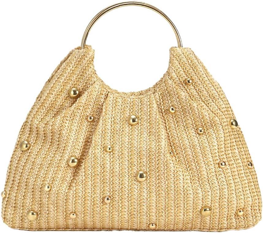 Trendy Straw Clutch Purse for Women Round Handheld Evening Handbag Exquisite Metal Beaded Bag Party Wedding Top-Handle Purse
