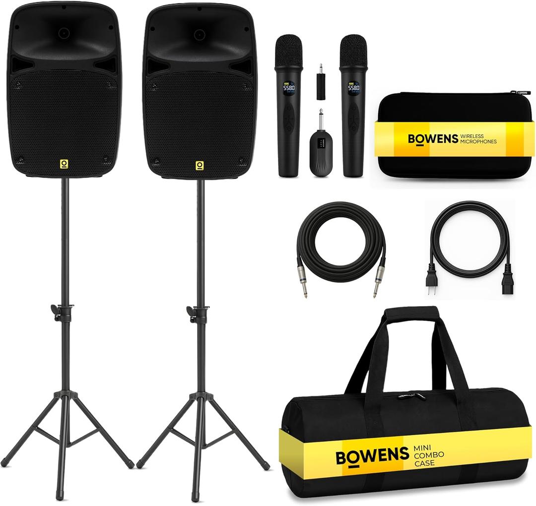 Bowens Dual 8 Inch 200W PA System  Portable Outdoor Speakers with Bluetooth, USB/SD, LCD & Remote  DJ Sound System with Wireless Karaoke Microphone for Singing/Microfono & Stands