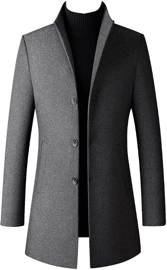Lu's Chic Men's Slim Fit Wool Jackets & Coats Quilted Single Breasted Top Coat Business Casual Band Collar Trench Coats