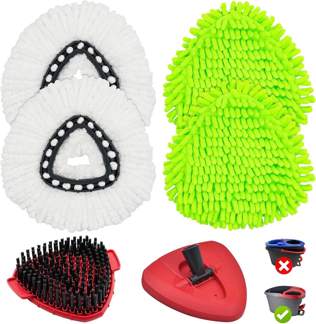 Mop Head Replacement for O Cedar, Spin Mop Replacement Head for Ocedar Easywring 1 Tank System, Mop Heads Includeds 4 Mop Replacement Heads, 1 Spin Scrub Brush & 1 Base