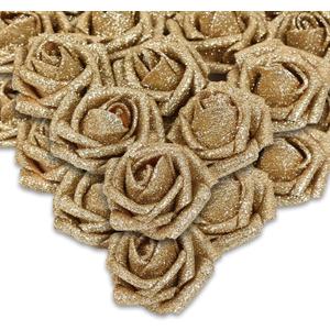 IPOPU Foam Gold Roses,50pcs Glitter Roses Gold Flowers Gold Roses with Stems for DIY Wedding Bridal Bouquet Home Party Decoration(Gold)