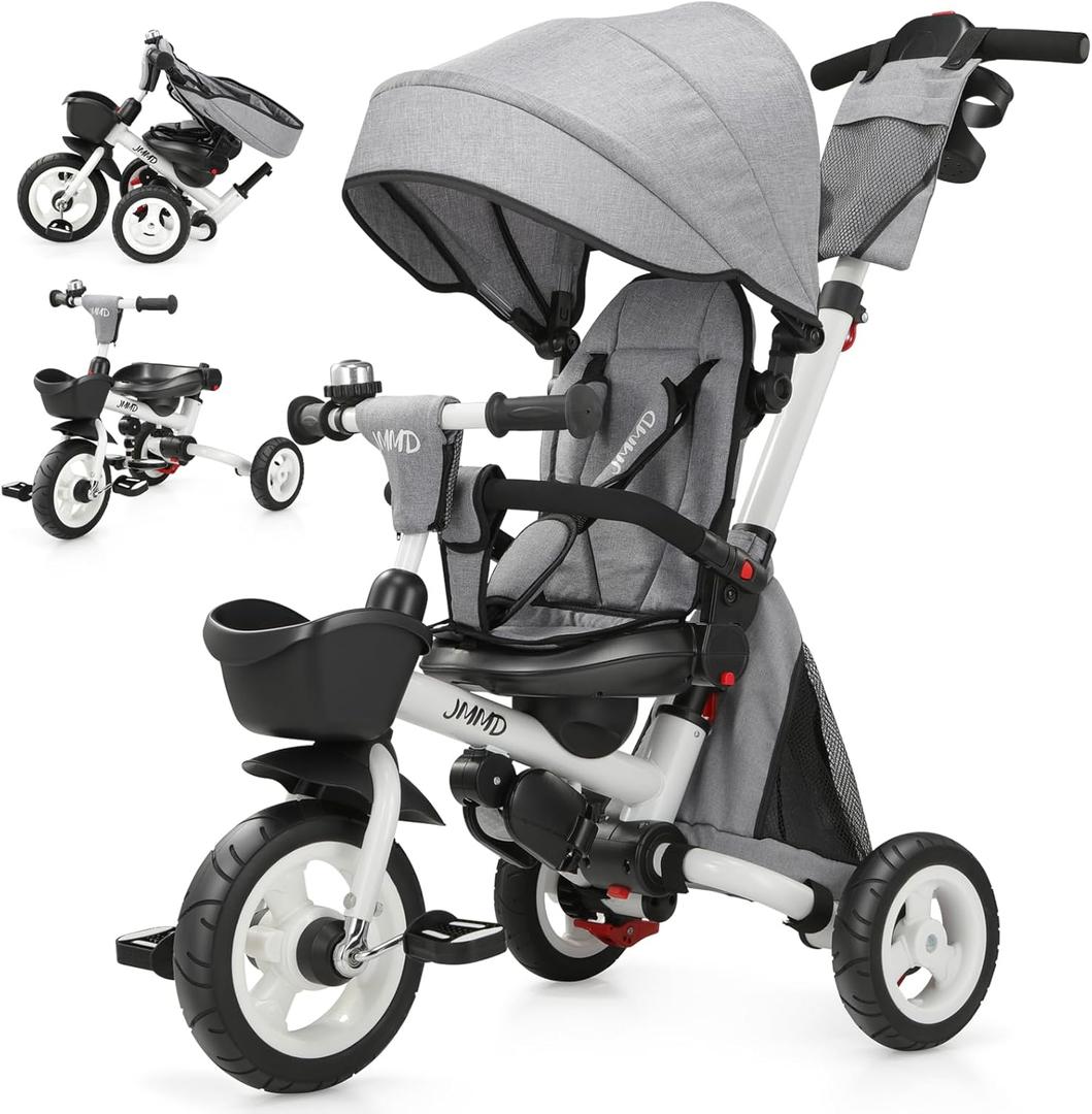 JMMD 8 in 1 Tricycle Stroller with Push Handle, Foldable Trike with 360 Swivel Seat, Reclining Backrest, All-Terrain Wheels, Dual Brakes, Canopy & Storage, Gift for Kids 18 Months to 5 Years, Gray, Medium