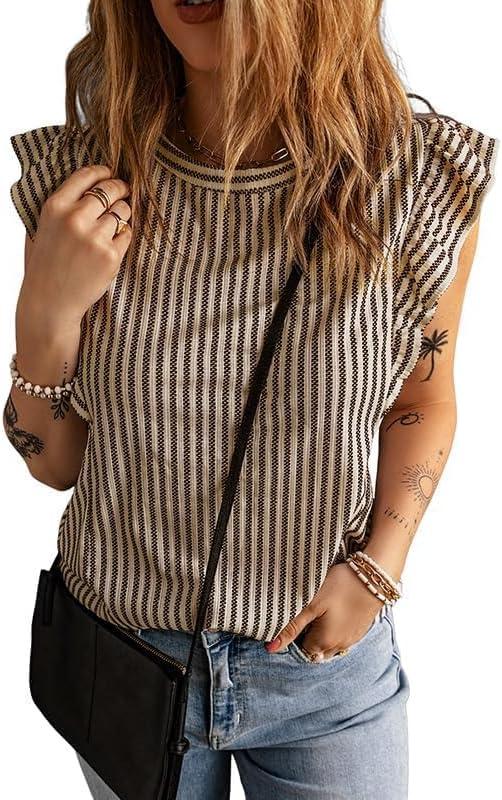 Melliflo Womens Ruffle Short Sleeve Crewneck Striped Shirt Casual Blouses Business Work Tops Summer Outfits Tank Tops (Red, XL)