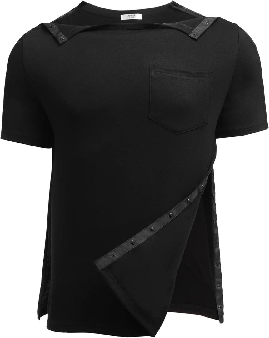 Deyeek Men's Post Shoulder Surgery Shirts Recovery Tear Away Short Sleeve Full Open Side Snap Adaptive Chemo Clothing (3X-Large, Black)