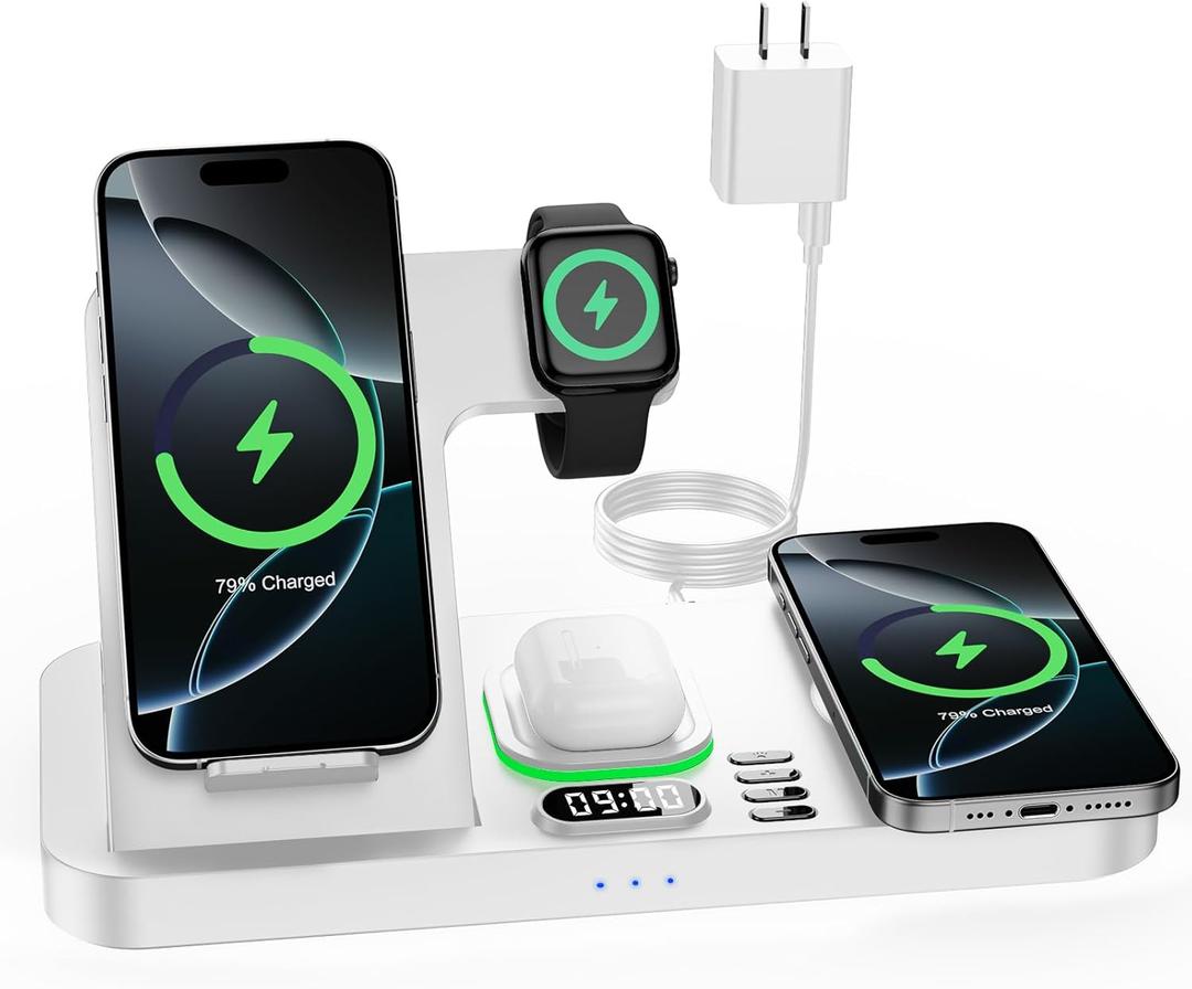 Dual Phone Wireless Charging Station for Apple Devices, Magnetic Charging Station for iPhone with Auto Switch 7-Color Light&Clock, Family Watch Charger for iPhone17 for iWatch11 for AirPods Pro3(White