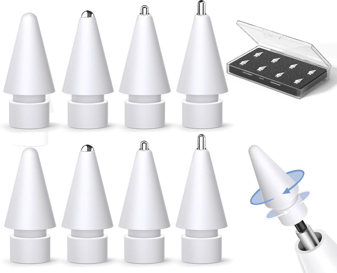Inesore 8 Pack for Apple Pencil Tips Replacement Accessories, Compatible with Apple Pencil Pro/ 2nd Generation/ 1st Generation/ USB C, iPencil Nib for iPad Pro/ Air/ Mini, for Drawing Writing(White Metal Nib)