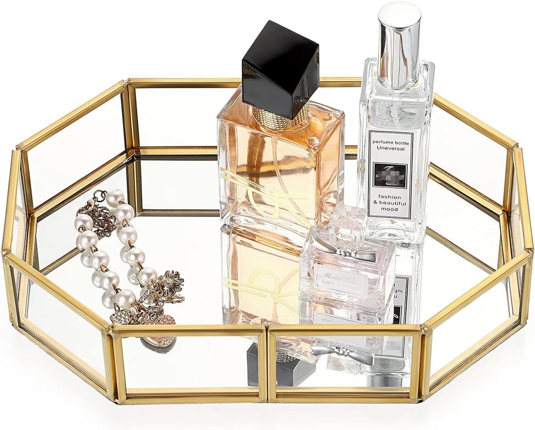 Hipiwe Mirror Glass Vanity Tray - Gold Ornate Makeup Vintage Octagonal Perfume Dresser Jewelry Trinket Organizer for Bathroom Storage Home Decor (8" x 5.7" x 1.8")