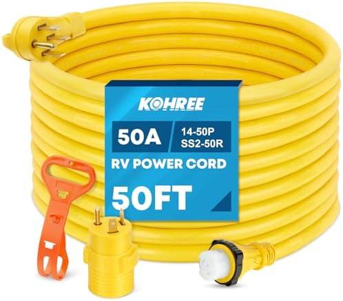 Kohree 50' RV Extension Cord 50 Amp Generator Cord, 50 Amp RV Power Cord with Grip Handle, NEMA 14-50P to SS2-50R Twist Lock, 30M/50F Adapter Included, 6/3+8/1 Gauge STW Wire, ETL Listed