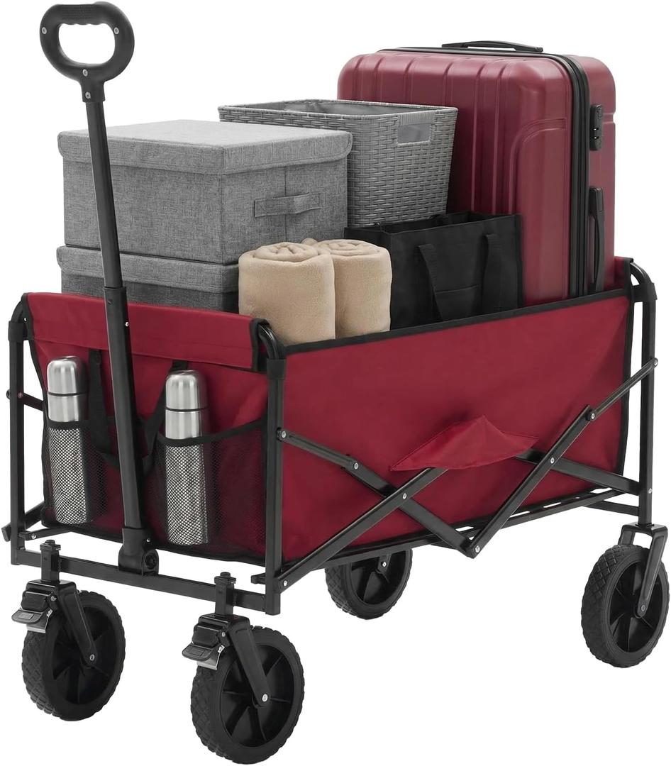 OLIXIS Collapsible Wagon 102L Standard Heavy Duty Utility Folding Wagon Cart with Lockable Brake Wheels 330 lbs Weight Capacity, Flexible Handle for Beach, Grocery, Camping, Sports & Garden, Red
