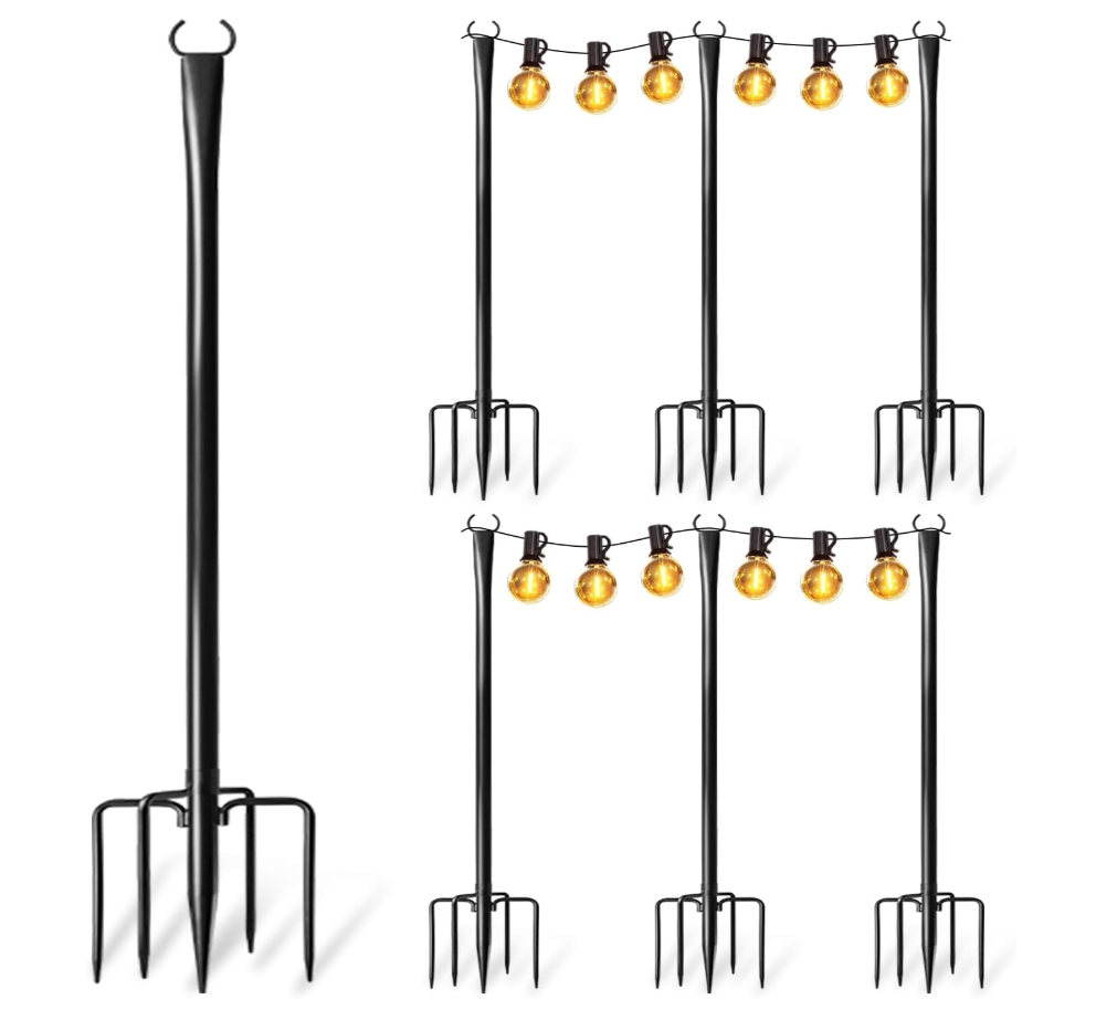 6 Pack String Light Poles for Outside, Upgraded Heavy-Duty Metal Poles for Outdoor String Lights with Fork, Adjustable Lighting Hanging Accessories for Patio Decor Pergola Backyard Garden Decorations