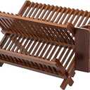 HBlife Dish Rack,Teak Folding 2Tier Collapsible Drainer Dish Drying Rack with Utensils Flatware Holder Set