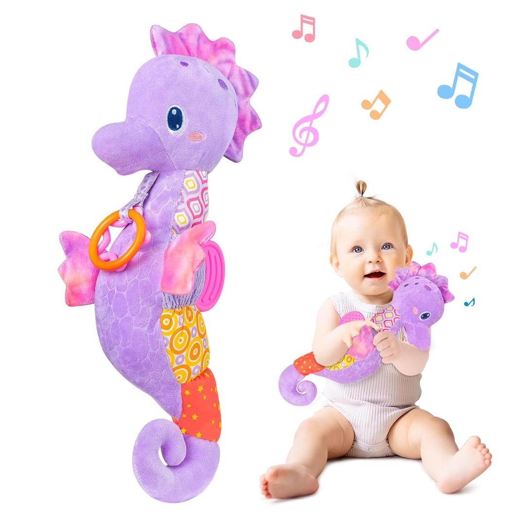 Fuzqq Baby Girl Toys 0-6 Months,Musical Stuffed Animal Plush Toy with Rattle,Soft Newborn Toy for 0 3 6 9 12 Months Girls,Baby Girl Gift,Purple
