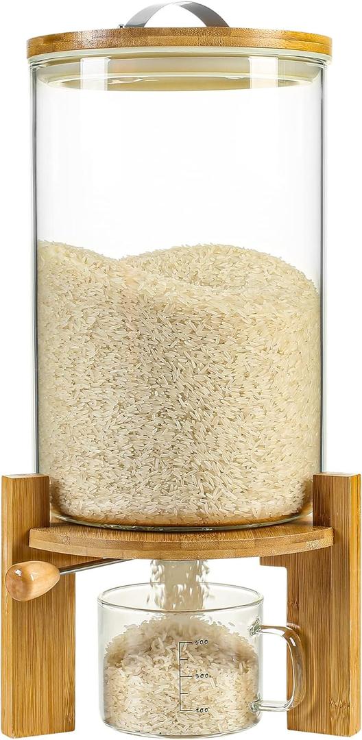 Rice Dispenser, Rice Storage ContainerFlour and Cereal Container with Airtight Lid and Wooden Stand, Glass Food Storge Container for Kitchen Organization and Pantry Store (8L), Large