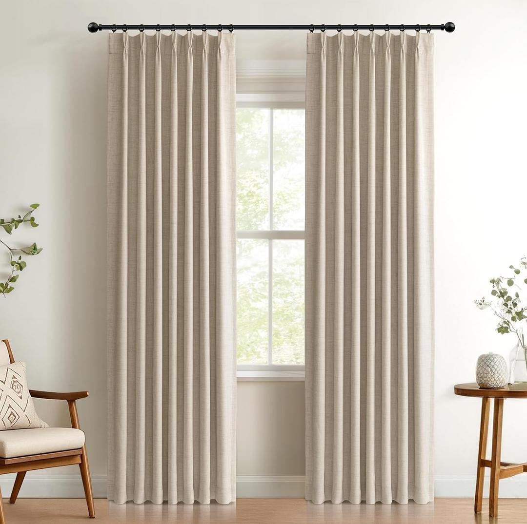 100% Blackout Shield Linen Look Textured Pinch Pleated Curtains Blackout Drapes 90 Inch Long 2 Panels Set, Faux Linen Blackout Curtains for Bedroom & Living Room, 40" W x 90" L, Oatmeal