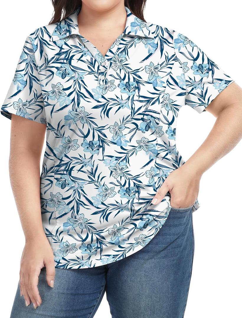 COOTRY Plus Size Golf Polo Shirts for Women Short Sleeve V Neck Tennis Tops Loose Fit T Shirt 3 Buttons (White, XXL)