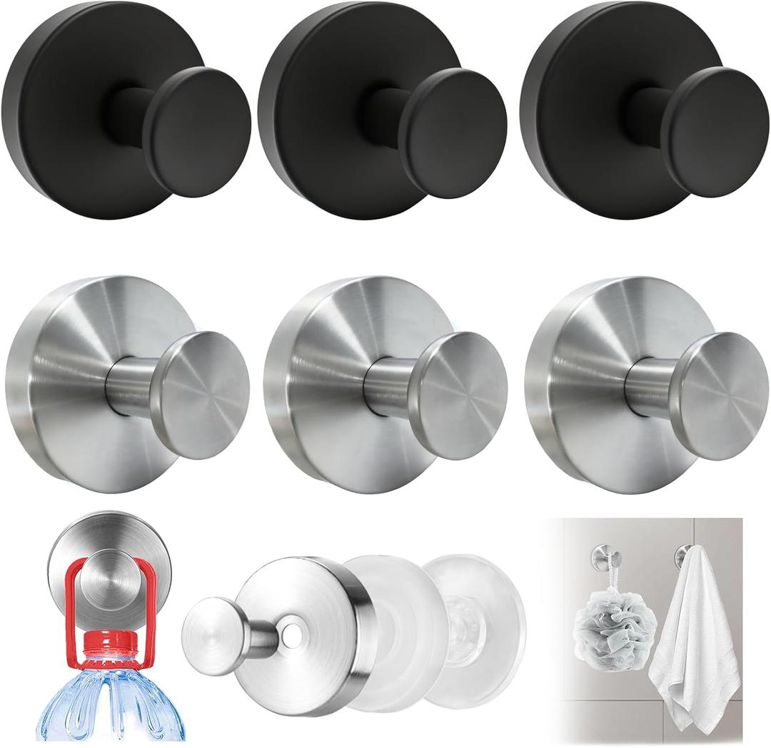 6 Pcs Suction Cup Hooks for Shower, No-Drill Towel & Robe Hooks