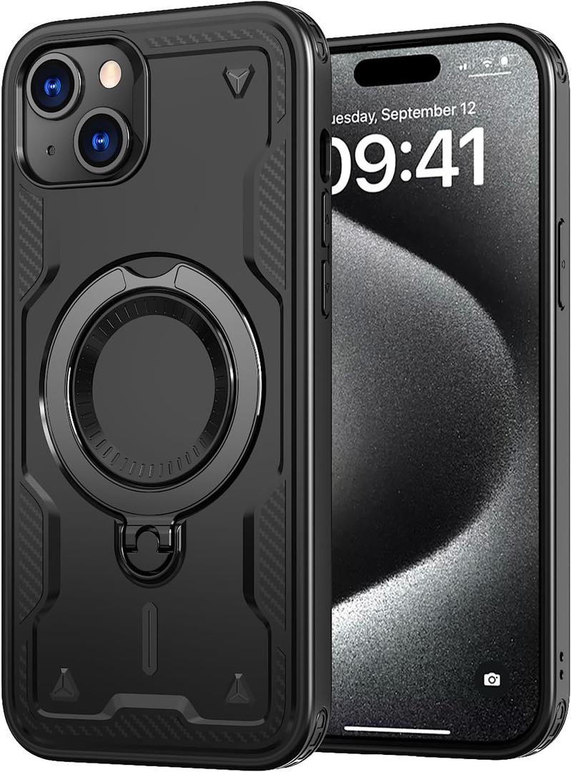 360 Spin Magnetic Kickstand Case for iPhone 15 Plus [Compatible with MagSafe] [Sturdy & Versatile Stand] Military-Grade Drop Protection Anti-Fingerprint Anti-Scratch, Black