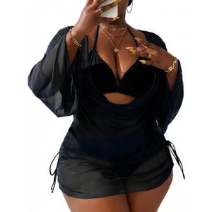 YELAIVP Women's Plus Size Halter String Triangle Bikini Sets 3 Piece Swimsuits with Side Ruched Drawstring Cover Up (Black, XL)
