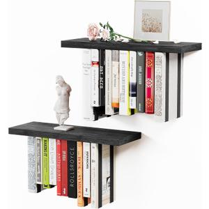 Floating Bookshelves for Wall, Rustic Wood Hanging Wall Bookshelf, Upside Down Book Shelf and Wall Mounted Bookshelves for Home Decor in Bedroom, Living Room, Black 2 Pack (16.5 in)