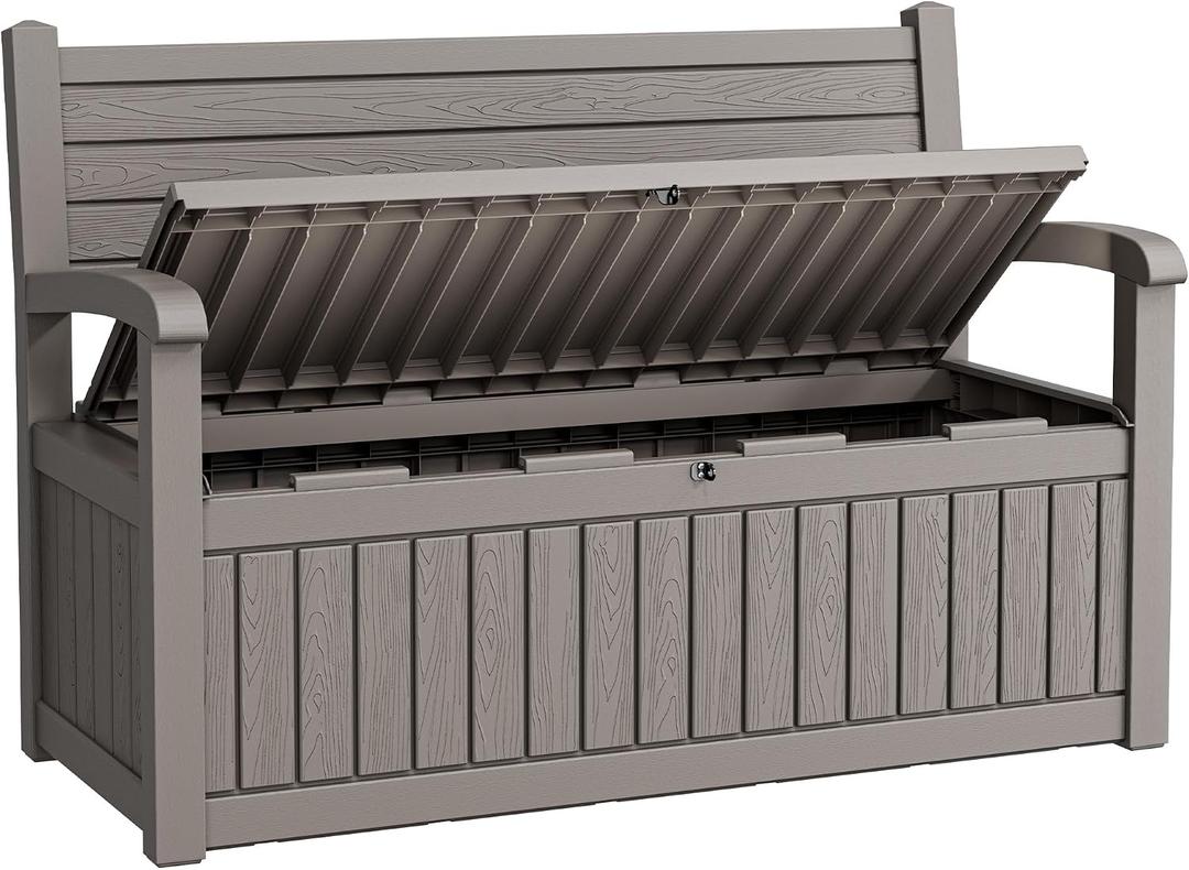 80 Gallon Lockable Deck Bench with Storage, Resin Stripes Outdoor Storage Box, Waterproof Outdoor Porch Bench for Cushions Garden Tools, and Pool Supplies, Grey, 52 x 23 x 35 inches